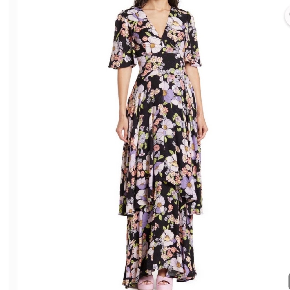 AFRM XS Zariah Tiered Floral Maxi Dress Black Purple Flutter Sleeve V-Neck Boho